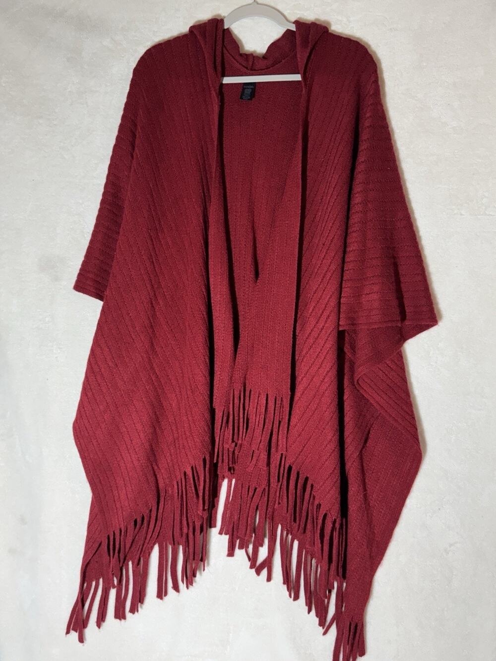 Women's Sweater Fringed Poncho Red Hood East 5th One Size Boho Lagenlook